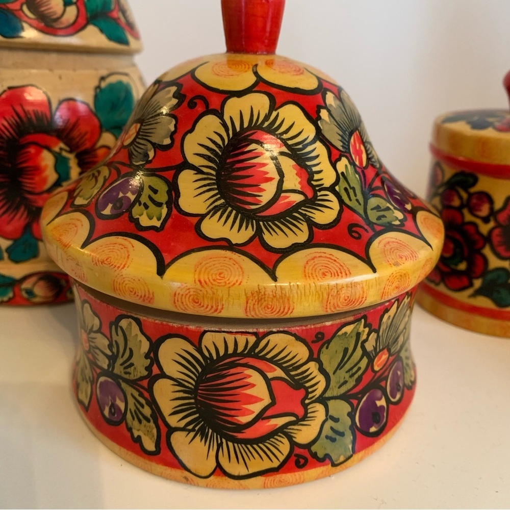 VTG Lot Russian USSR Wooden Folk Art Vase Canister Jar Lids Painted Marked READ - Picture 4 of 16